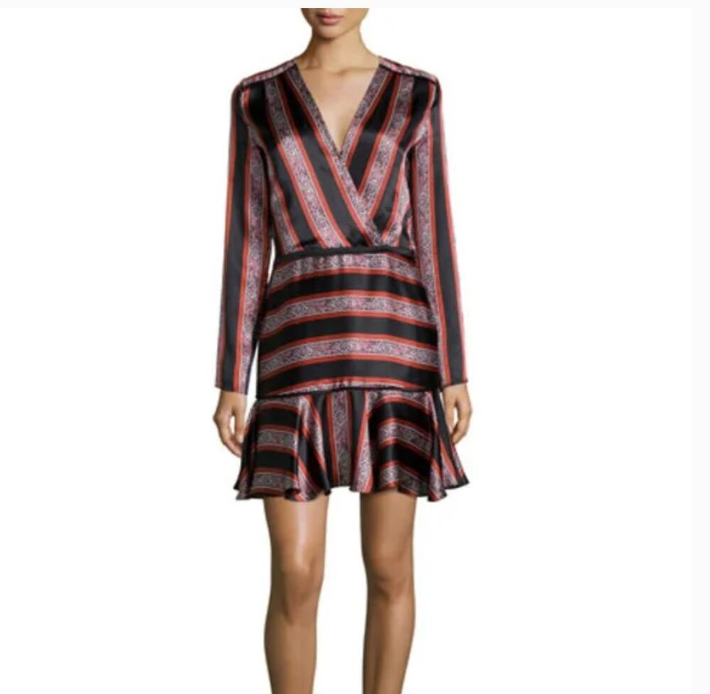 Veronica Beard Ivy Silk Flutter Hem Dress 2 Satin Black Red Stripe Glam Cocktail